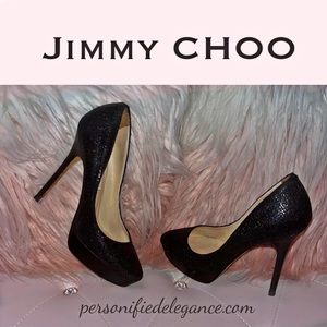 Jimmy Choo Black Glitter Platform Leather Stiletto Heels Size 37 EUR/7US